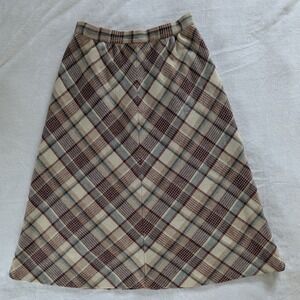 Vtg Plaid A Line Midi Skirt‎ Cream Brown Blue Gray Union Made Preppy Academia
